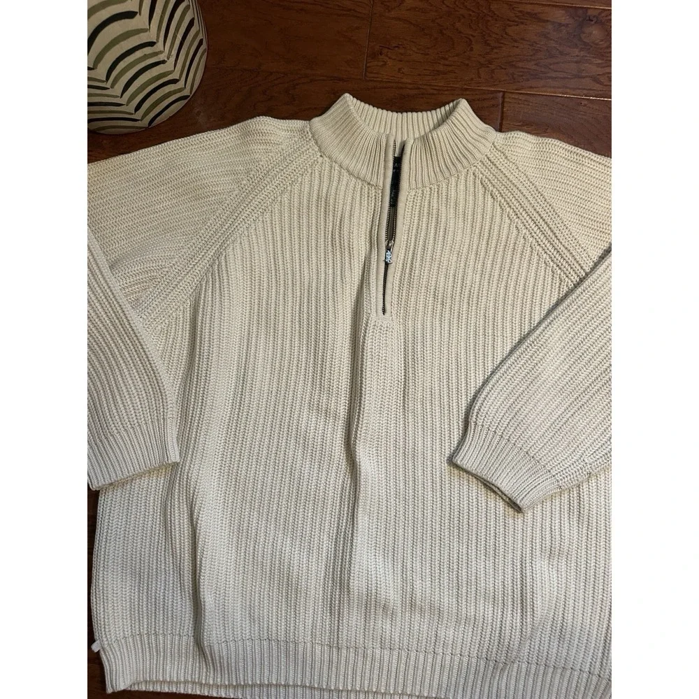 Lauren Ralph Lauren Sweater 2X Womens Chunky Knit 1/4 Zip Cream Cotton Unisex